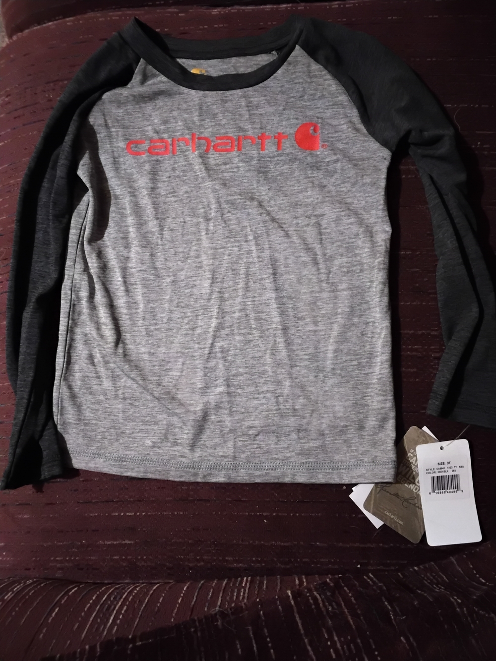 Carhartt Heather Gray Body with Black Raglan Sleeves and Orange Logo Tee New 3t